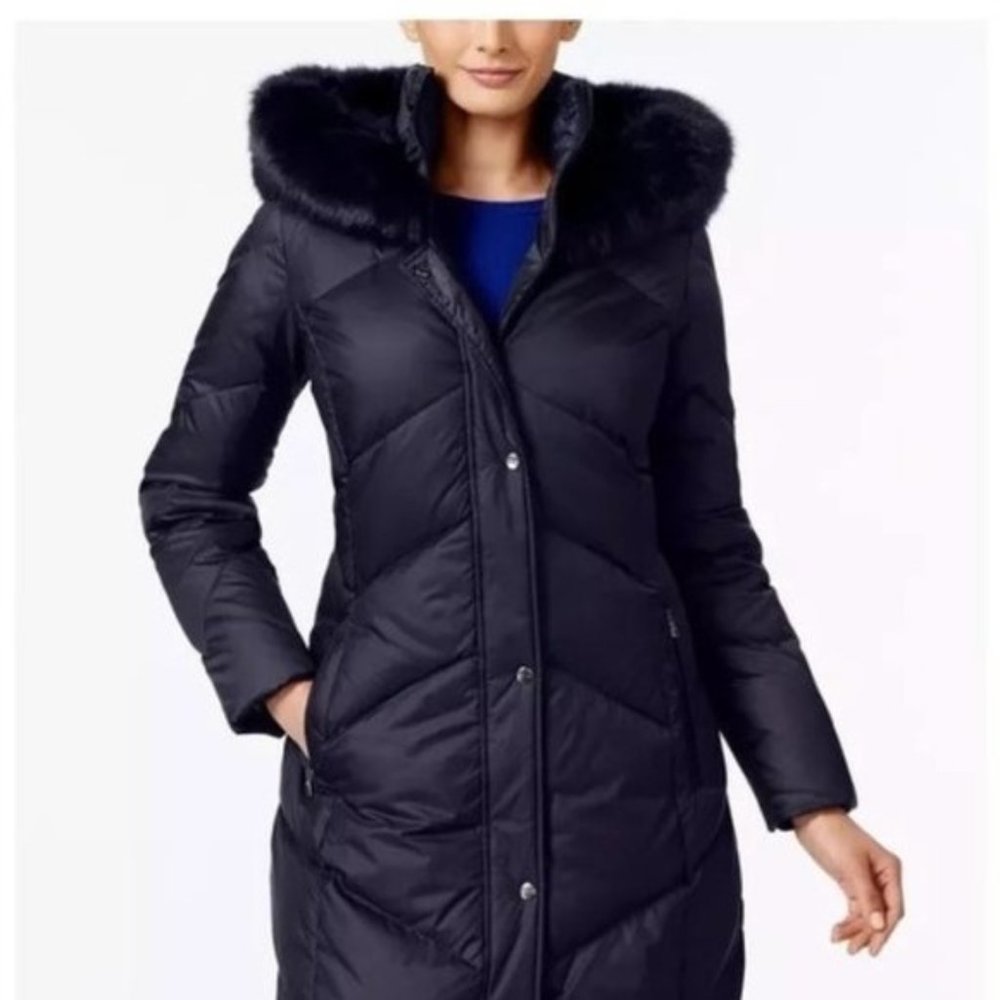 Larry Levine Faux Fur Trim Hooded Coat